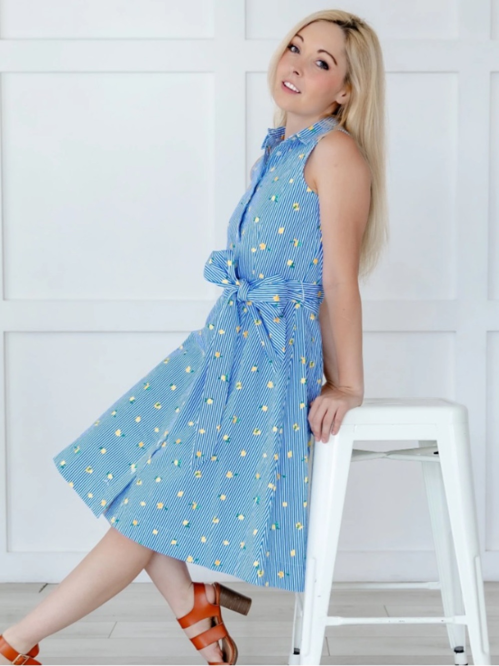 JCrew blue striped lemon Print Sleeveless Dress with Waist Tie